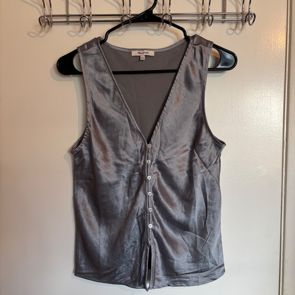 Madewell Silver Satin Vest Top Sleeveless Button Front Minimalist Chic
